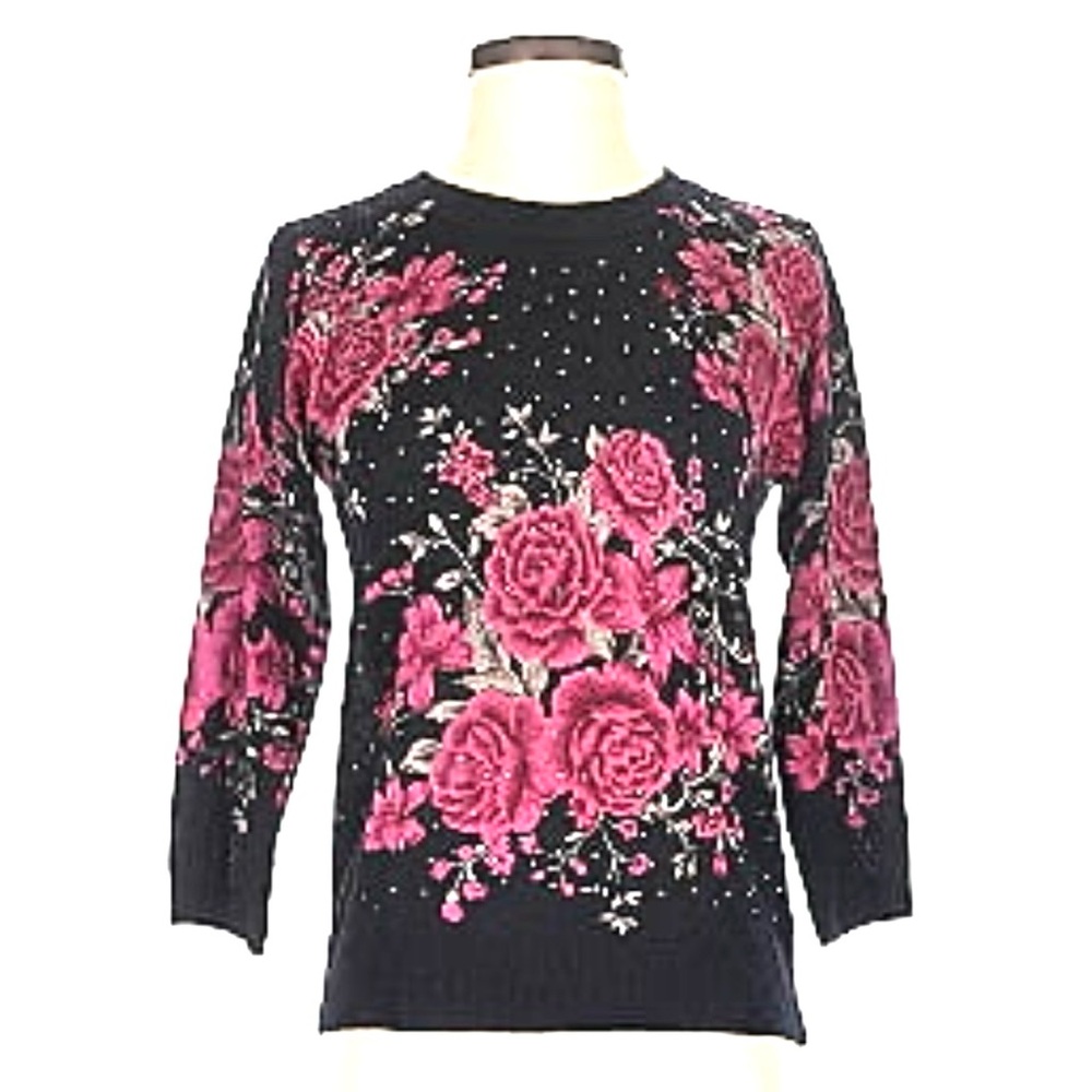 CD DANIELS Size 2X Soft Sweater Floral Black with Pink Roses w/rhinestones